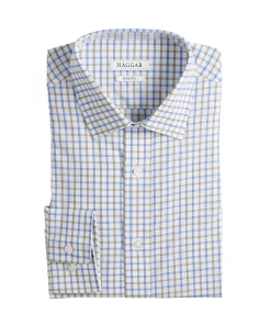 Men's Haggar Slim-Fit Premium Comfort Spread-Collar Dress Shirt -Men's Work Clothing Elegant store 5061175 Khaki Blue Check