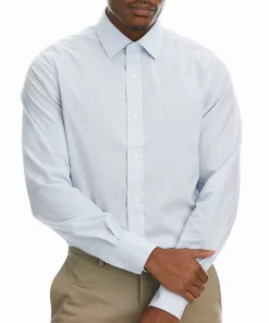 Men's Haggar Slim-Fit Premium Comfort Spread-Collar Dress Shirt -Men's Work Clothing Elegant store 5061175 White Blue Stripe